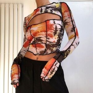 Abstract Multicolor hollow out Long Sleeve crop top